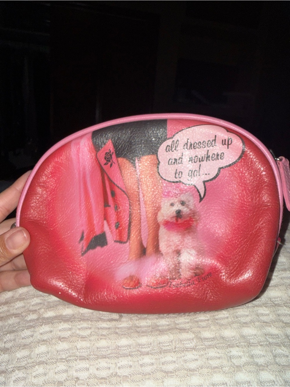 Vintage Y2K Isabella Fiore Pink Faux-Leather Cosmetic Pouch with Dog Graphic